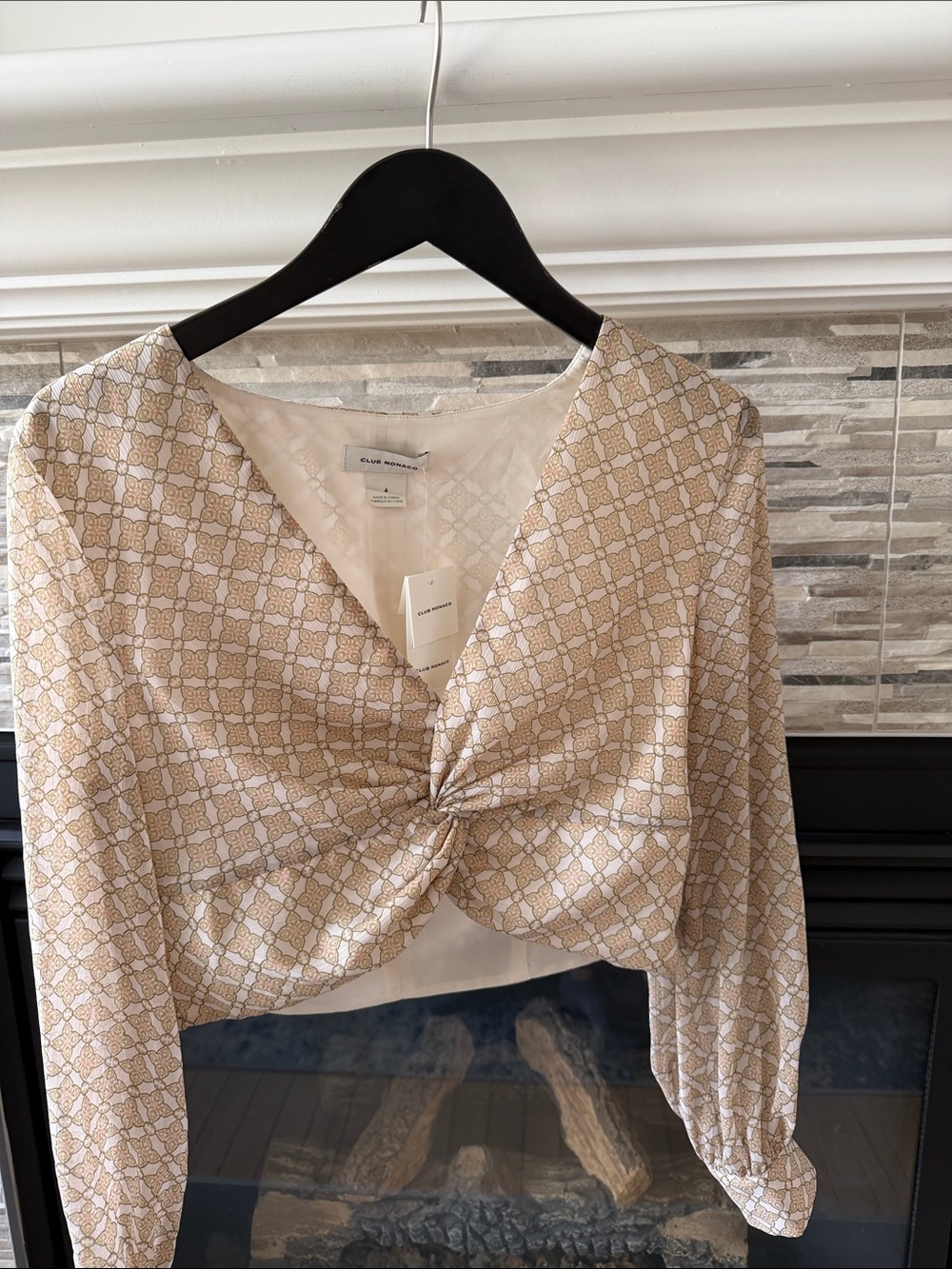 Club Monaco Cream Geometric Twist-Front Blouse